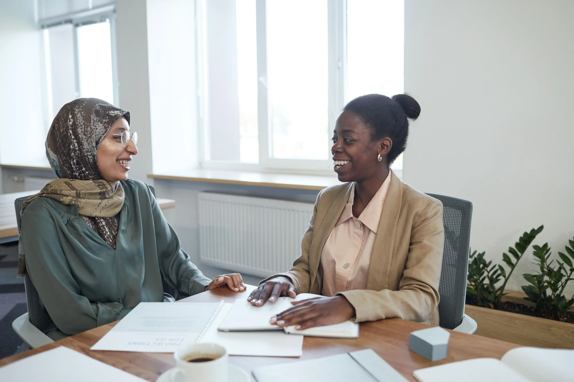 Two women smiling during a professional conversation